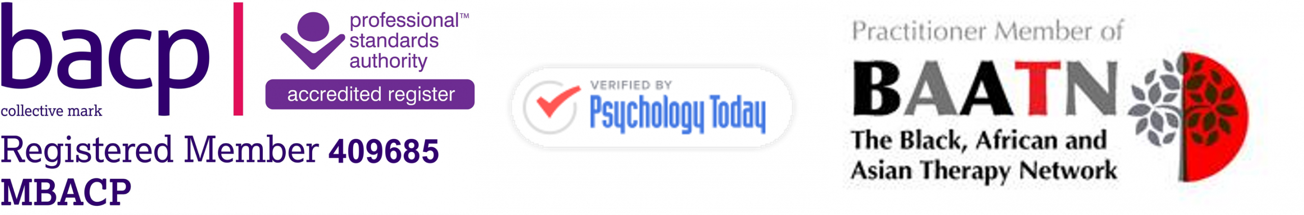 BACP, Psychology today and BAATN logos